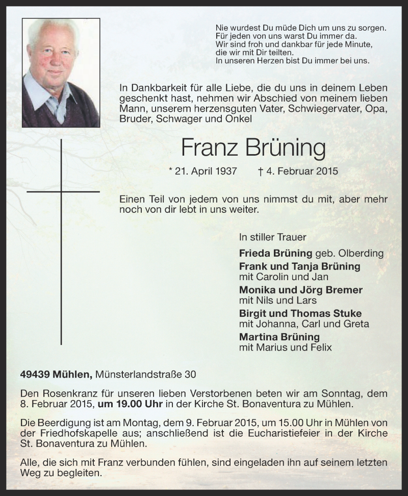  Traueranzeige für Franz Brüning vom 05.02.2015 aus OM-Medien