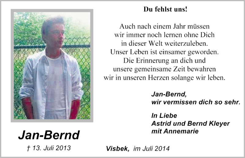  Traueranzeige für Jan-Bernd Kleyer vom 14.07.2014 aus OM-Medien