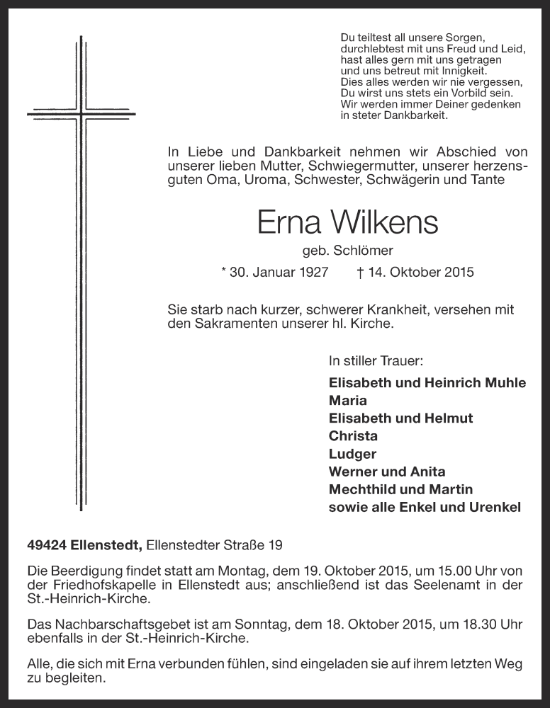  Traueranzeige für Erna Wilkens vom 15.10.2015 aus OM-Medien