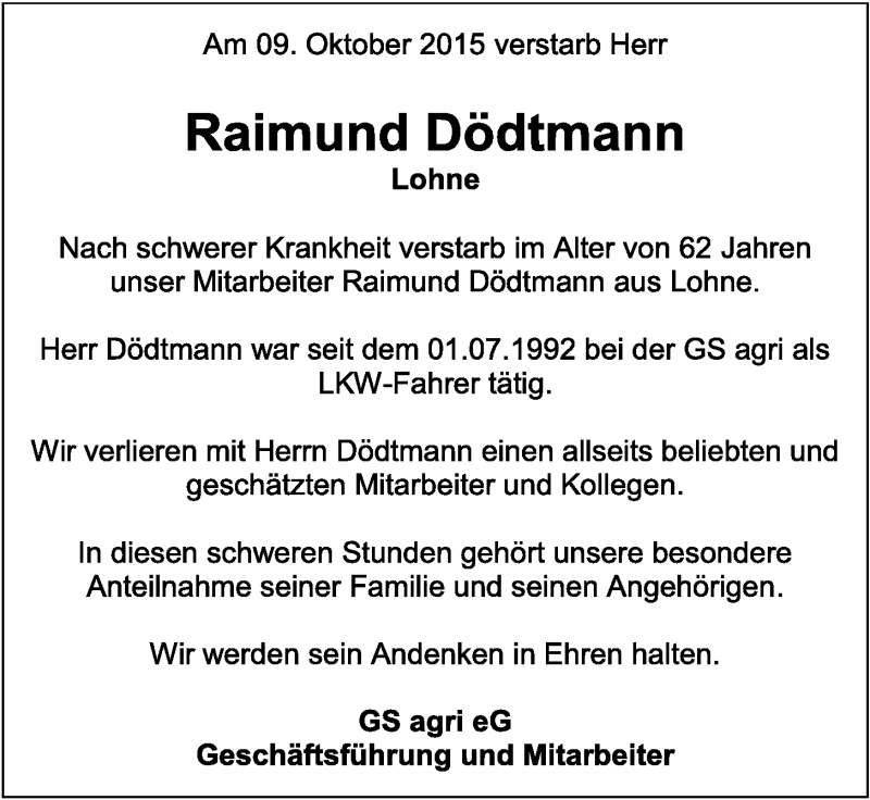  Traueranzeige für Raimund Dödtmann vom 12.10.2015 aus OM-Medien