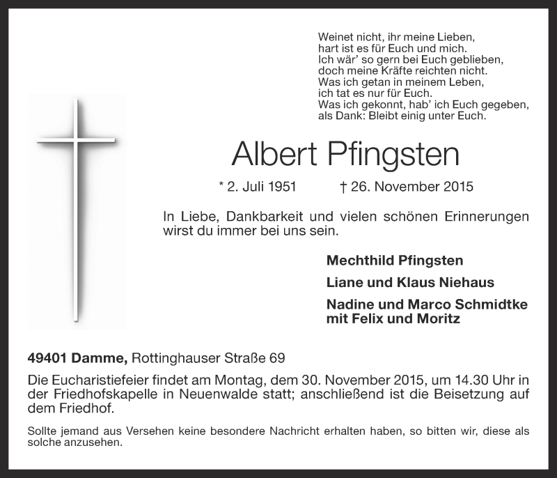  Traueranzeige für Albert Pfingsten vom 28.11.2015 aus OM-Medien