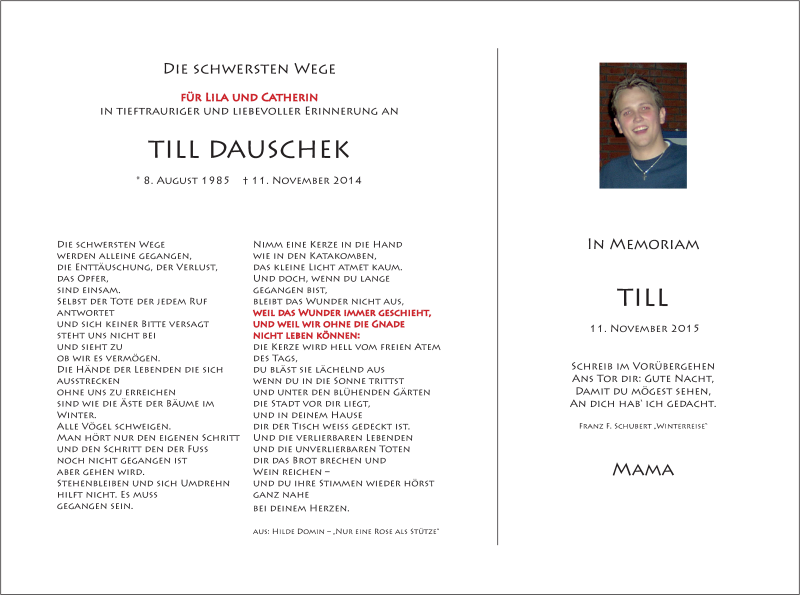  Traueranzeige für Till  Dauschek vom 11.11.2015 aus OM-Medien