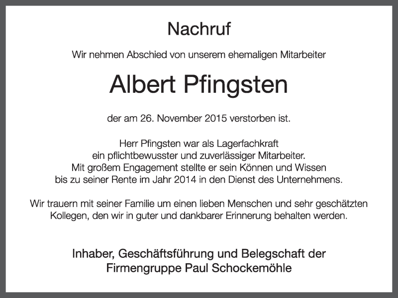  Traueranzeige für Albert Pfingsten vom 01.12.2015 aus OM-Medien