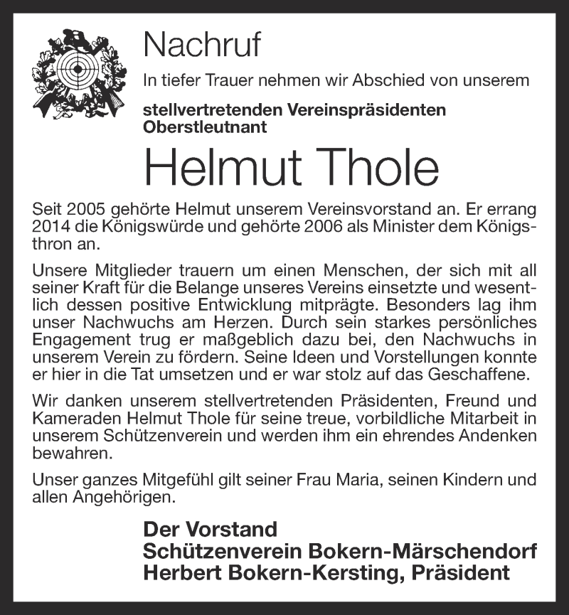  Traueranzeige für Helmut Thole vom 22.09.2015 aus OM-Medien