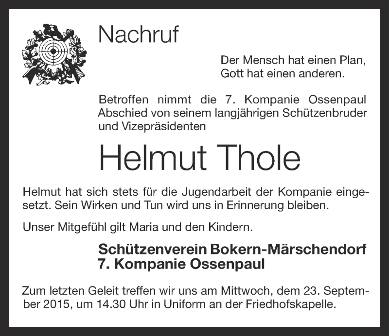  Traueranzeige für Helmut Thole vom 22.09.2015 aus OM-Medien