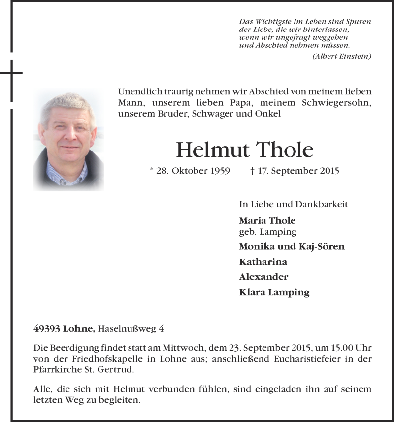  Traueranzeige für Helmut Thole vom 19.09.2015 aus OM-Medien