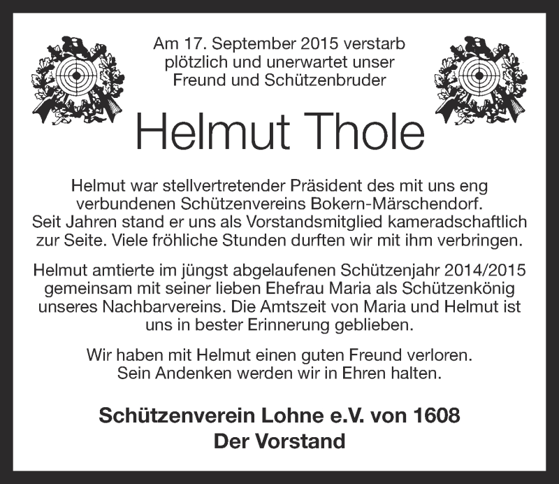  Traueranzeige für Helmut Thole vom 21.09.2015 aus OM-Medien