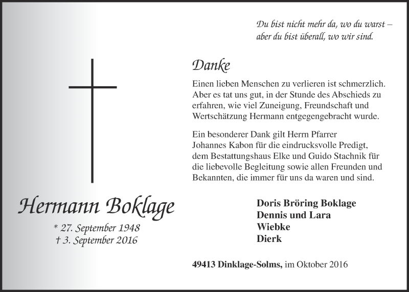  Traueranzeige für Hermann Boklage vom 08.10.2016 aus OM-Medien