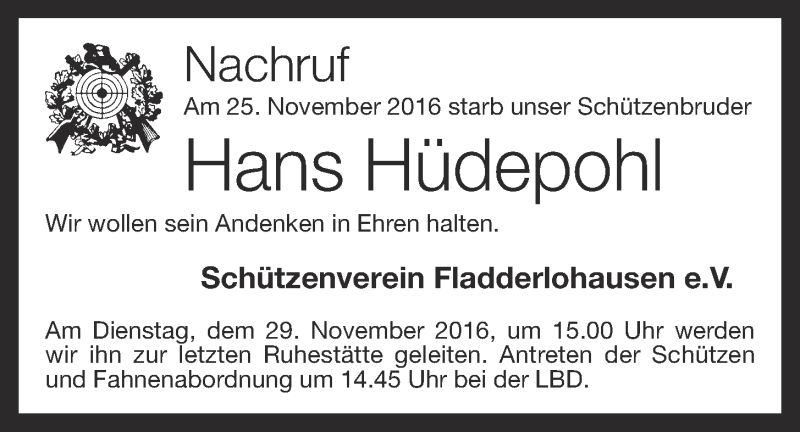  Traueranzeige für Hans Hüdepohl vom 29.11.2016 aus OM-Medien