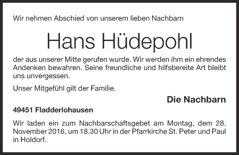  Traueranzeige für Hans Hüdepohl vom 28.11.2016 aus OM-Medien