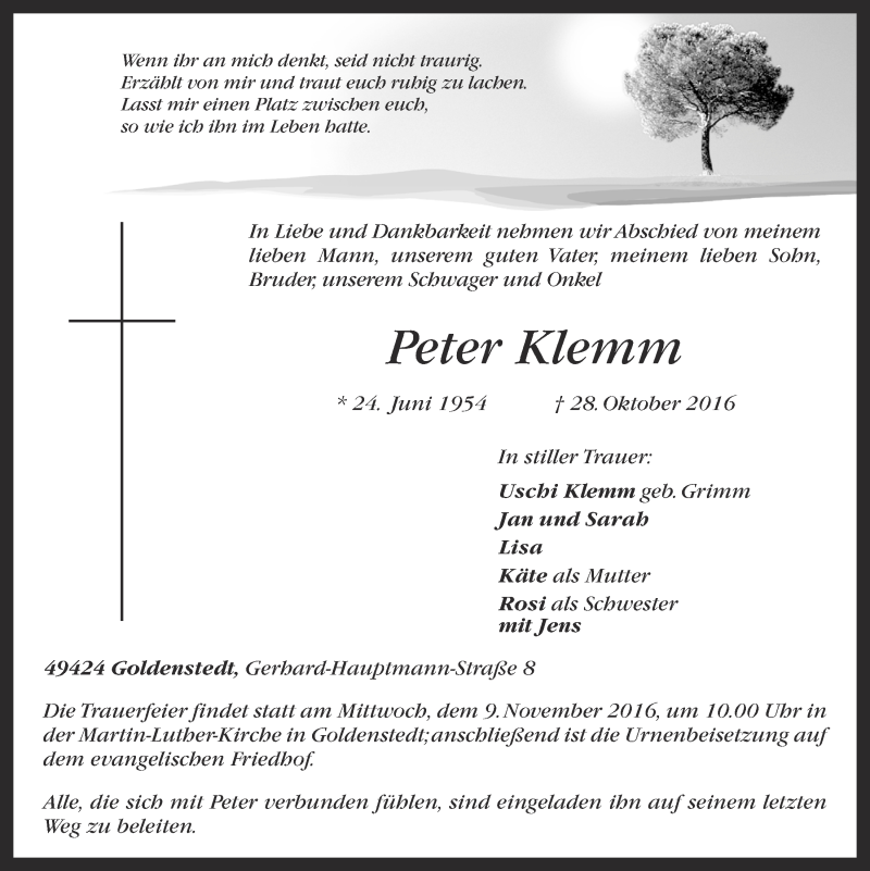  Traueranzeige für Peter Klemm vom 05.11.2016 aus OM-Medien