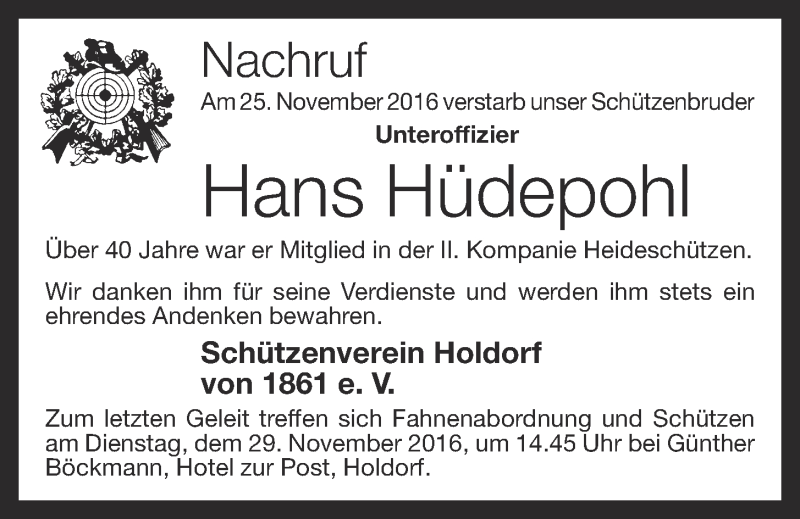  Traueranzeige für Hans Hüdepohl vom 28.11.2016 aus OM-Medien