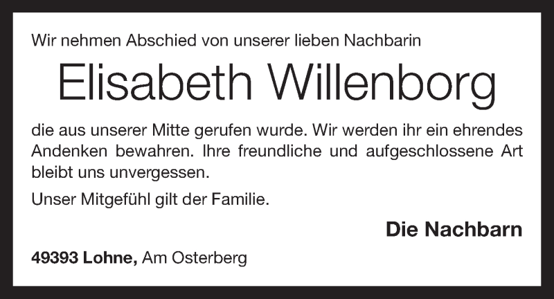  Traueranzeige für Elisabeth Willenborg vom 09.04.2016 aus OM-Medien