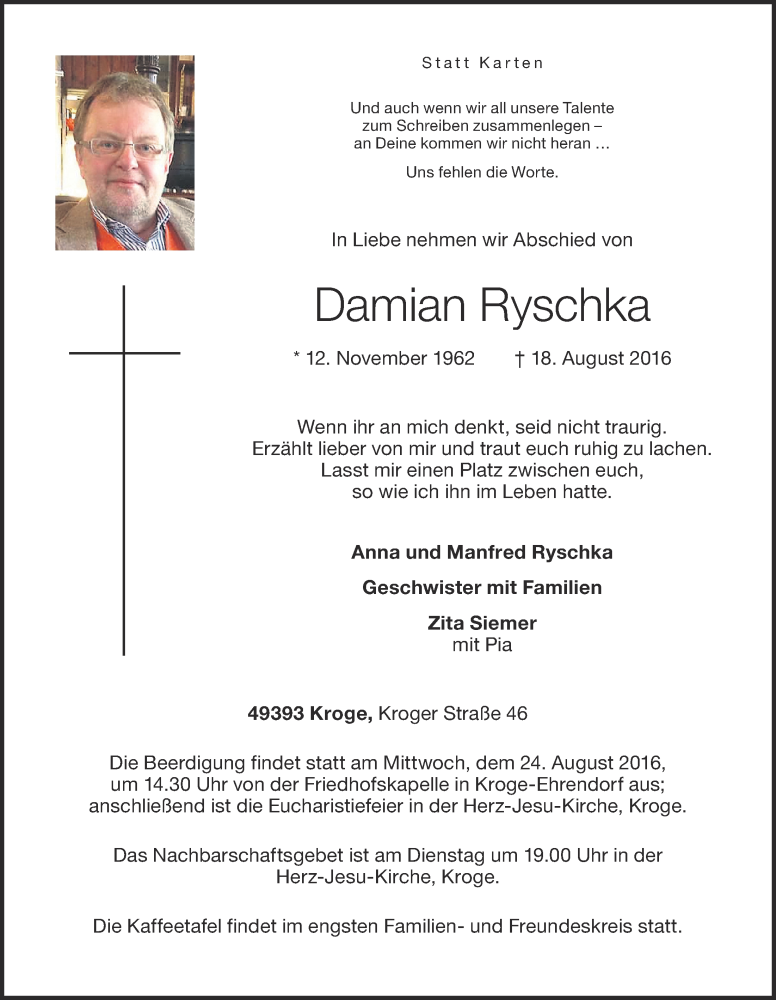  Traueranzeige für Damian Ryschka vom 20.08.2016 aus OM-Medien