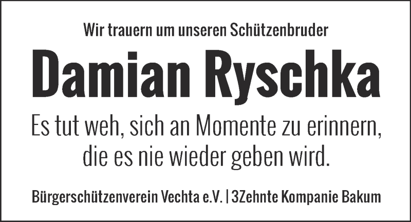  Traueranzeige für Damian Ryschka vom 23.08.2016 aus OM-Medien