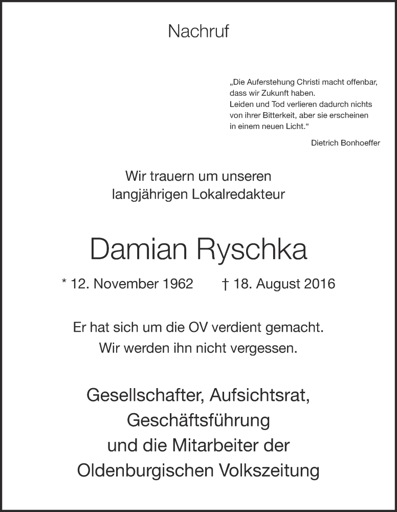  Traueranzeige für Damian Ryschka vom 20.08.2016 aus OM-Medien