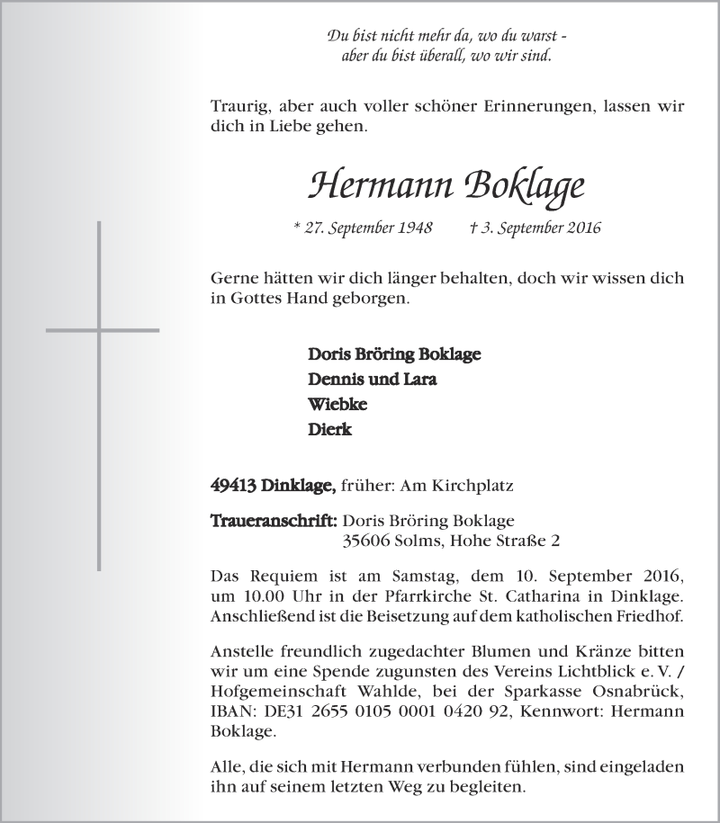  Traueranzeige für Hermann Boklage vom 06.09.2016 aus OM-Medien