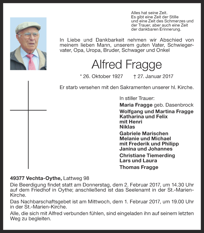  Traueranzeige für Alfred Fragge vom 30.01.2017 aus OM-Medien