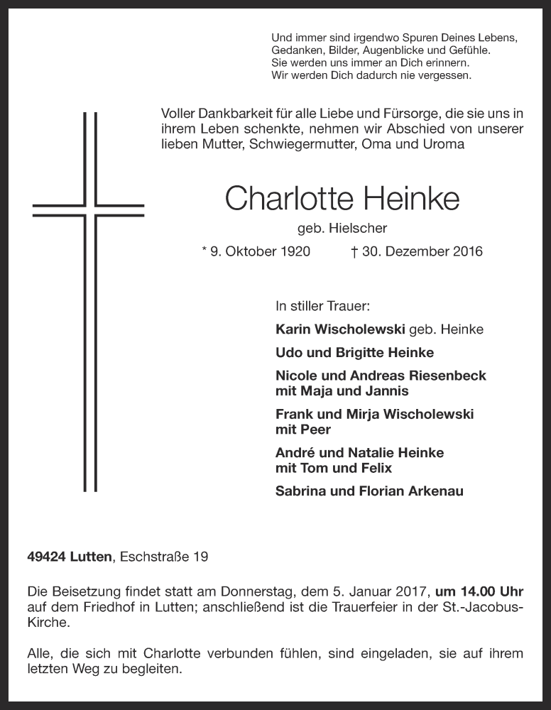  Traueranzeige für Charlotte Heinke vom 02.01.2017 aus OM-Medien