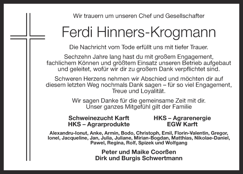 Traueranzeige für Ferdi Hinners-Krogmann vom 23.12.2017 aus OM-Medien