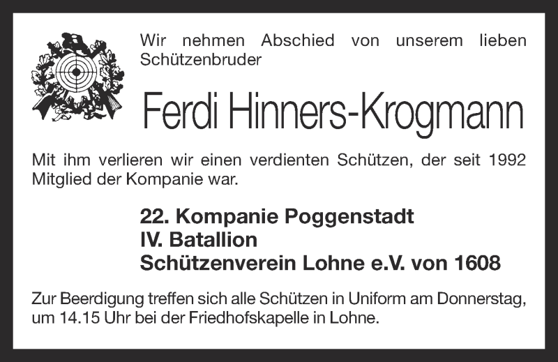  Traueranzeige für Ferdi Hinners-Krogmann vom 27.12.2017 aus OM-Medien