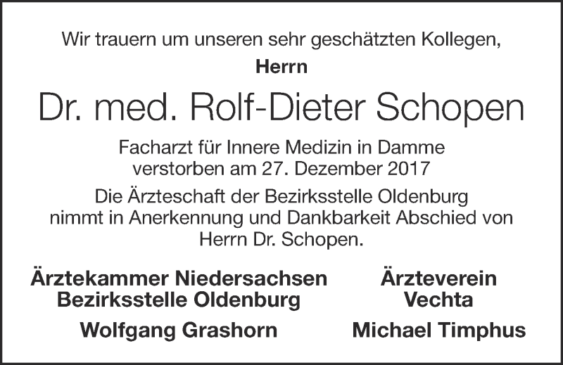  Traueranzeige für Rolf-Dieter Schopen vom 30.12.2017 aus OM-Medien