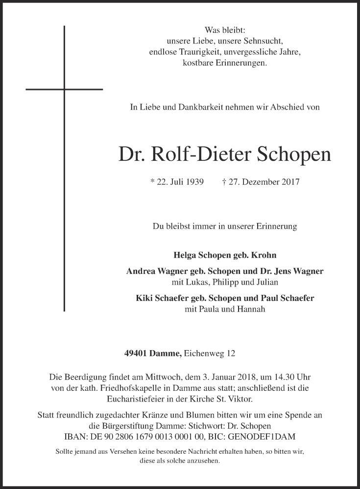  Traueranzeige für Rolf-Dieter Schopen vom 29.12.2017 aus OM-Medien