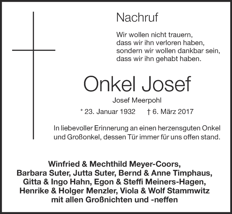  Traueranzeige für Josef Meerpohl vom 08.03.2017 aus OM-Medien