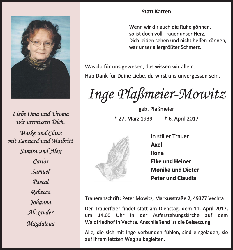  Traueranzeige für Inge Plaßmeier-Mowitz vom 08.04.2017 aus OM-Medien