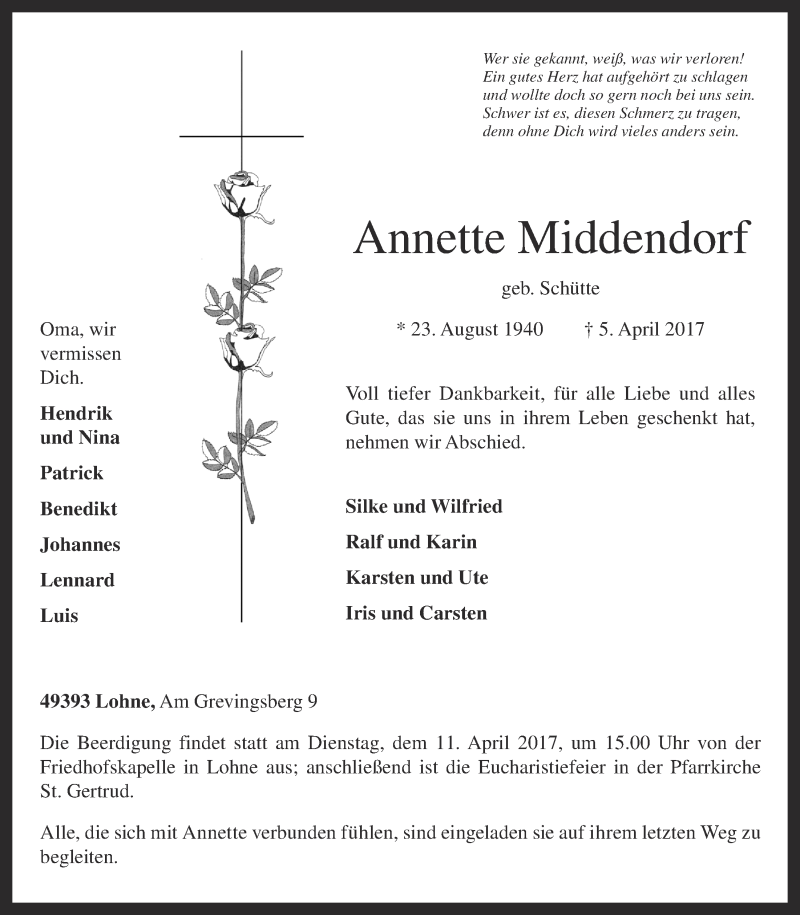  Traueranzeige für Annette Middendorf vom 07.04.2017 aus OM-Medien