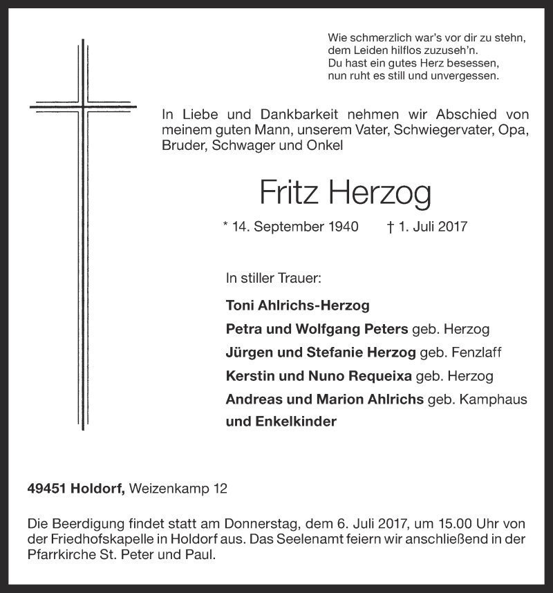  Traueranzeige für Fritz Herzog vom 03.07.2017 aus OM-Medien