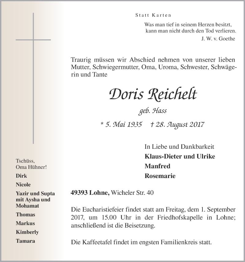  Traueranzeige für Doris Reichelt vom 30.08.2017 aus OM-Medien