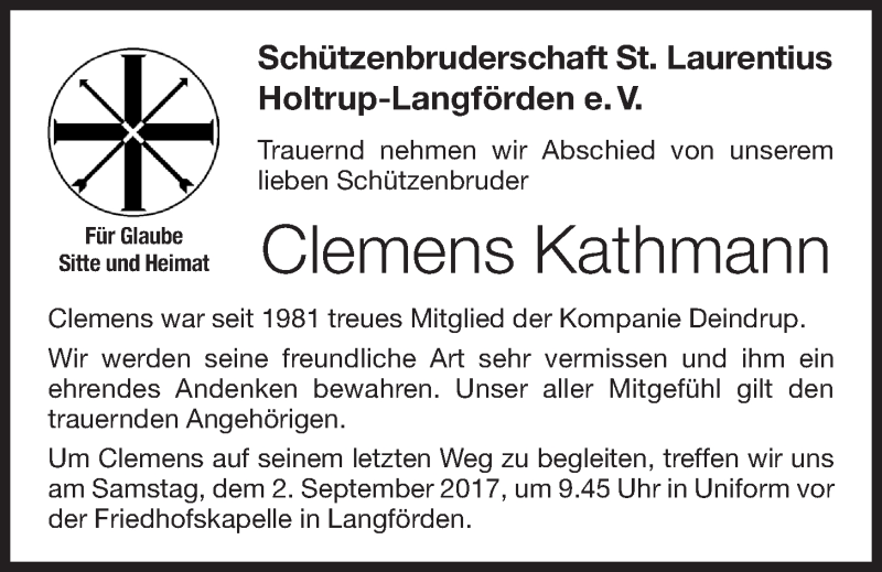  Traueranzeige für Clemens Kathmann vom 02.09.2017 aus OM-Medien
