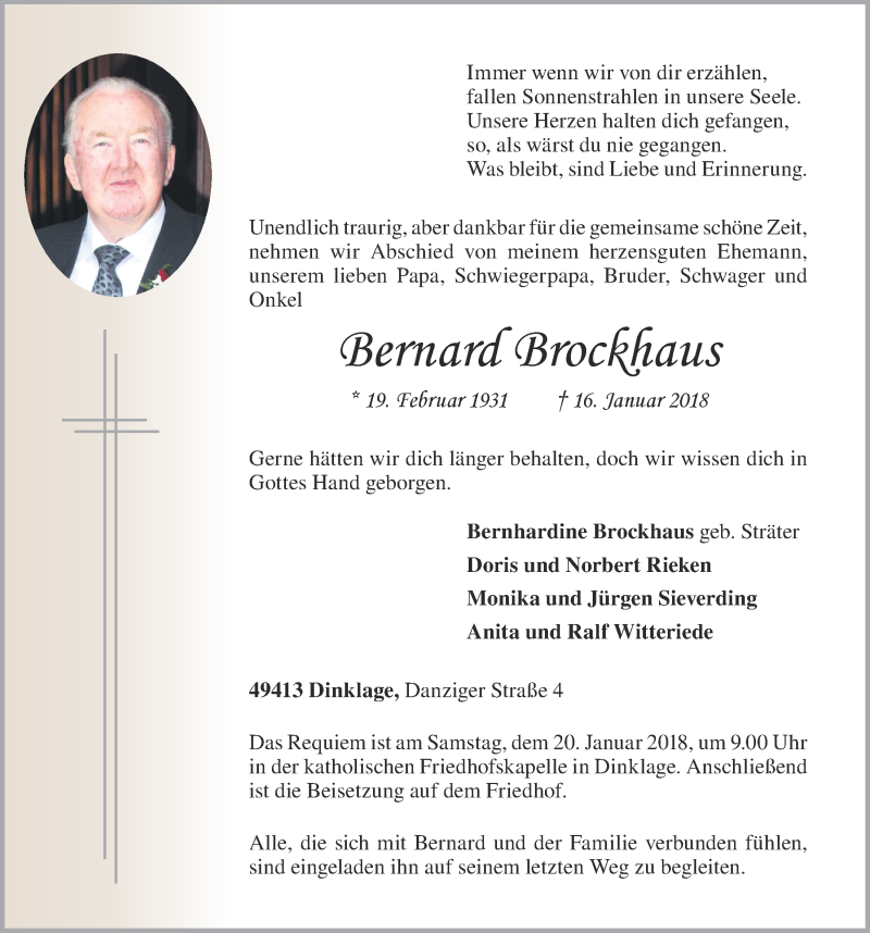  Traueranzeige für Bernhard Brockhaus vom 18.01.2018 aus OM-Medien