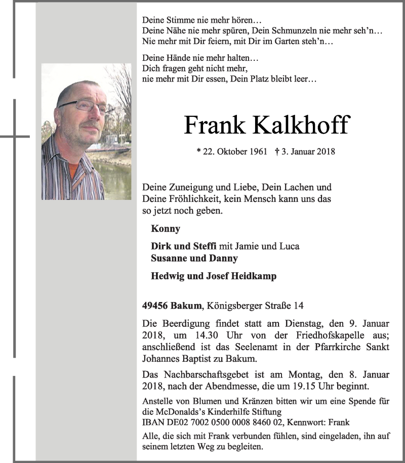  Traueranzeige für Frank Kalkhoff vom 05.01.2018 aus OM-Medien