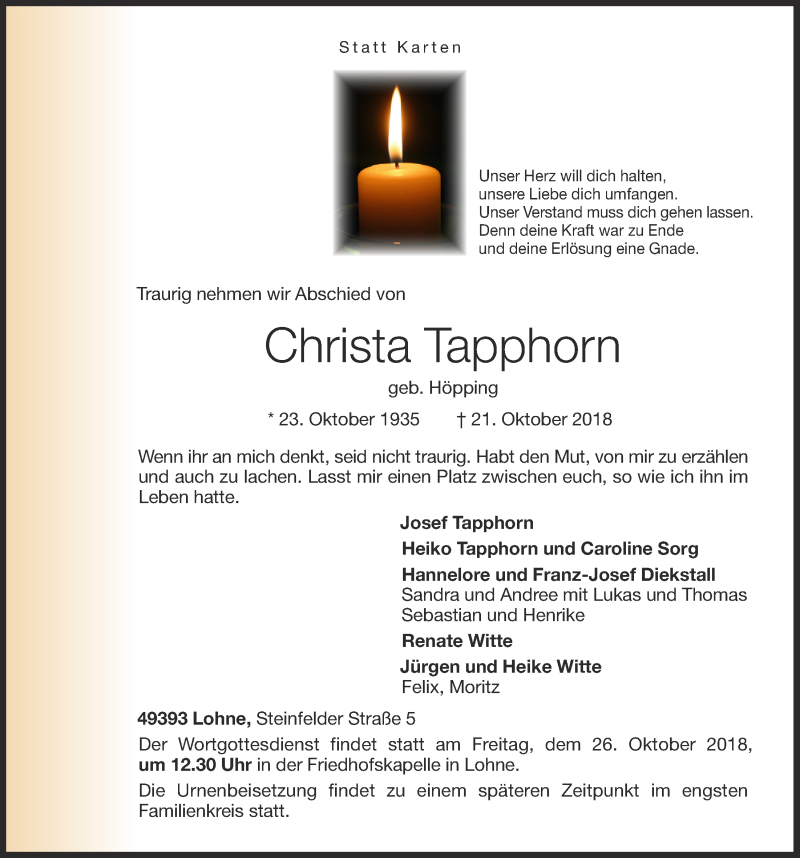  Traueranzeige für Christa Tapphorn vom 24.10.2018 aus OM-Medien