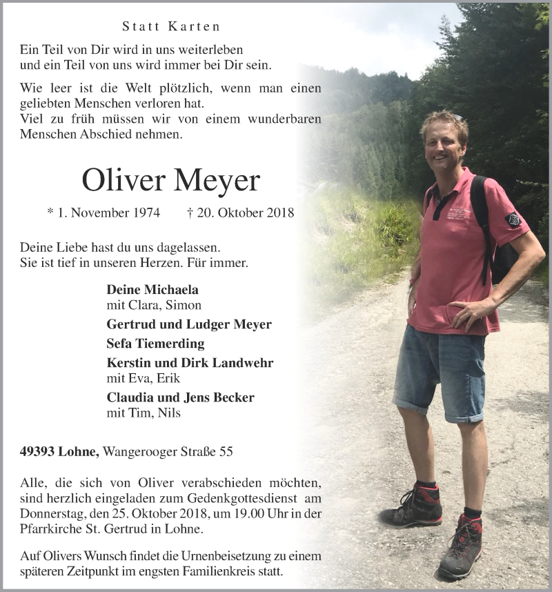  Traueranzeige für Oliver Meyer vom 22.10.2018 aus OM-Medien