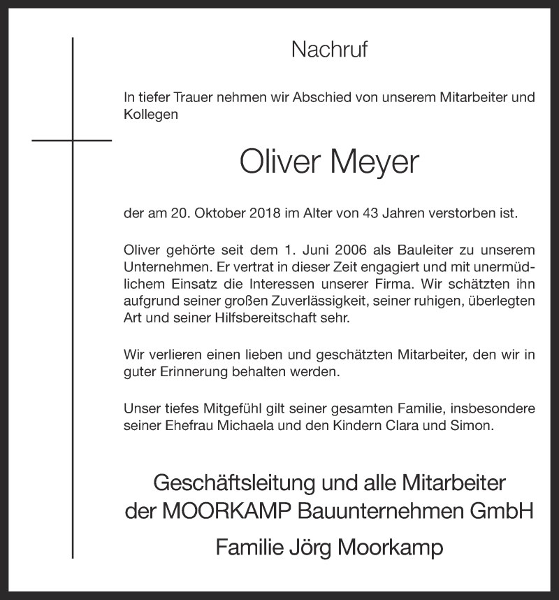  Traueranzeige für Oliver Meyer vom 23.10.2018 aus OM-Medien