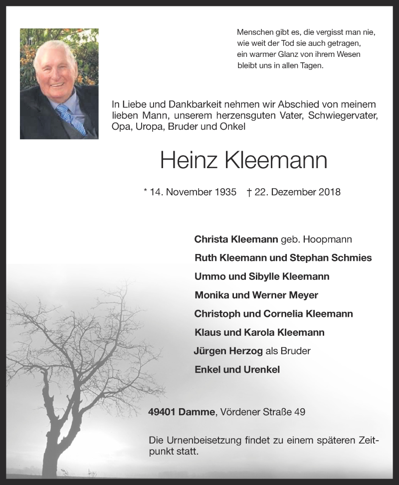  Traueranzeige für Heinz Kleemann vom 24.12.2018 aus OM-Medien