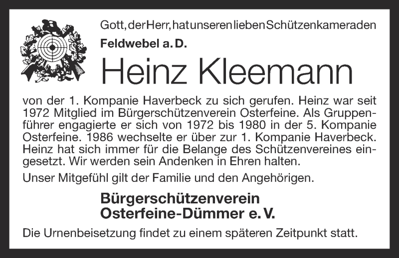  Traueranzeige für Heinz Kleemann vom 28.12.2018 aus OM-Medien