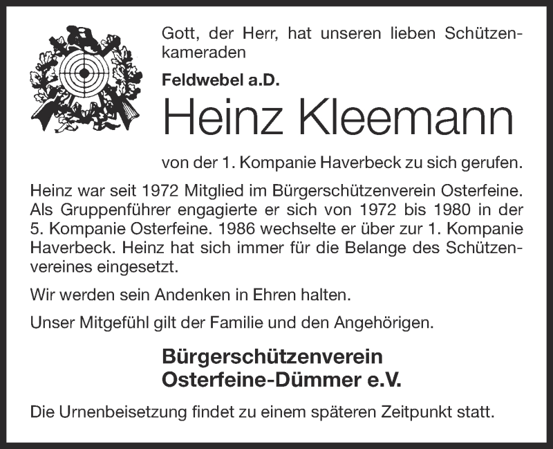  Traueranzeige für Heinz Kleemann vom 28.12.2018 aus OM-Medien