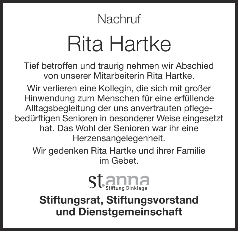  Traueranzeige für Rita Hartke vom 05.12.2018 aus OM-Medien