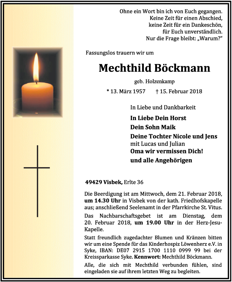  Traueranzeige für Mechthild Böckmann vom 17.02.2018 aus OM-Medien
