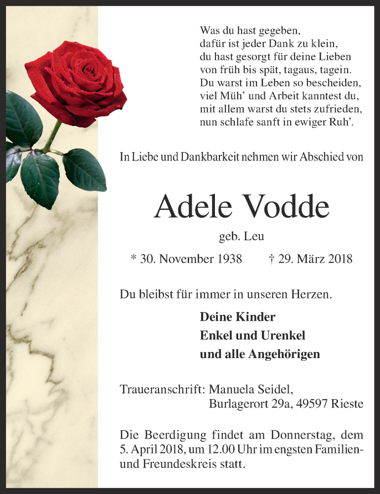  Traueranzeige für Adele Vodde vom 31.03.2018 aus OM-Medien