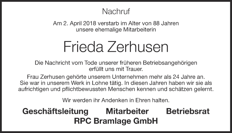 Traueranzeige für Frieda Zerhusen vom 05.04.2018 aus OM-Medien