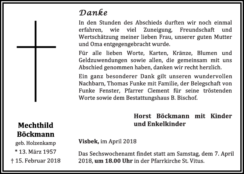  Traueranzeige für Mechthild Böckmann vom 04.04.2018 aus OM-Medien