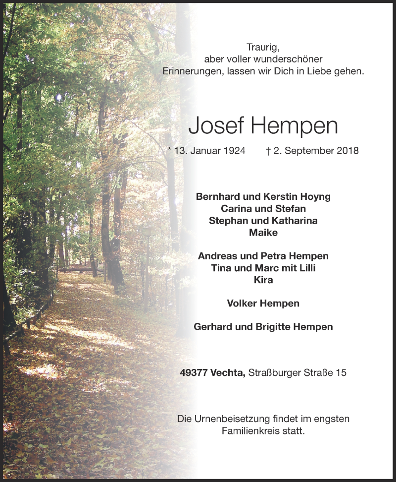  Traueranzeige für Josef Hempen vom 04.09.2018 aus OM-Medien
