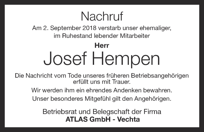  Traueranzeige für Josef Hempen vom 05.09.2018 aus OM-Medien