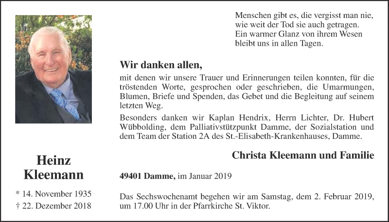  Traueranzeige für Heinz Kleemann vom 29.01.2019 aus OM-Medien