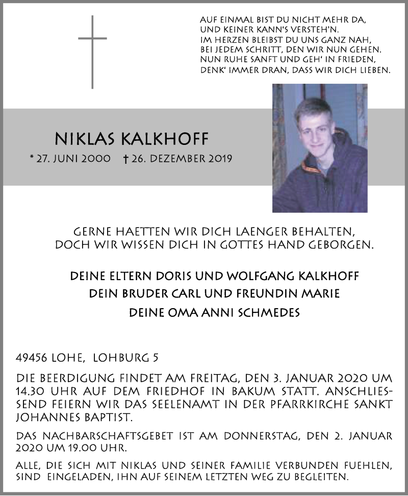  Traueranzeige für Niklas Kalkhoff vom 30.12.2019 aus OM-Medien